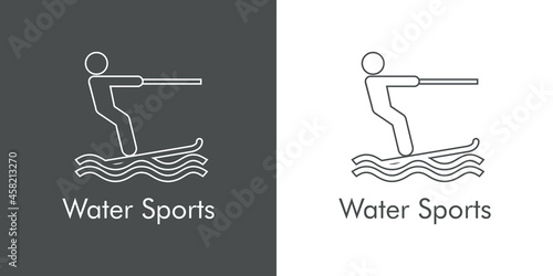 Logotipo con texto Water Sports con silueta de esquí acuático con lineas en fondo gris y fondo blanco