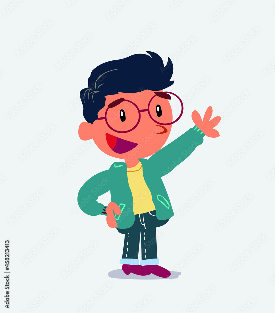 cartoon character of little boy on jeans explaining something while pointing