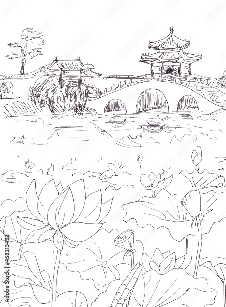 Buddhist monastery and lotus pond, linear graphic black and white drawing, travel sketch