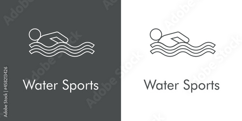Logotipo con texto Water Sports con silueta de hombre nadando con lineas en fondo gris y fondo blanco