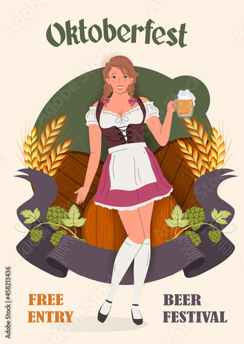 Young Oktoberfest girl in national German traditional clothes with a glass of beer against the background of beer barrels, barley and hops. Retro Oktoberfest Festival poster  vector illustration
