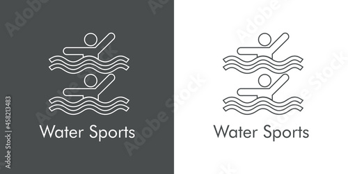 Logotipo con texto Water Sports con silueta de natación sincronizada con lineas en fondo gris y fondo blanco