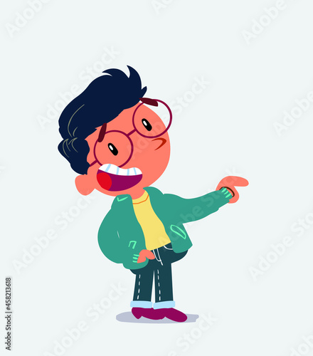 cartoon character of little boy on jeans points to his side while laughing.