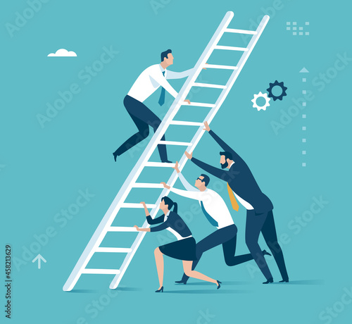 Career Help. The team helps to climb the ladder - career growth. Business vector illustration