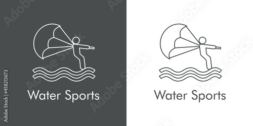 Logotipo con texto Water Sports con silueta de kite surf con lineas en fondo gris y fondo blanco