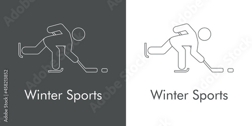 Logotipo con texto Winter Sports con silueta de jugador de hockey sobre hielo con lineas en fondo gris y fondo blanco