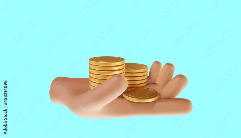 Hand holding coin stack. Money-saving, online payment, and payment concept. 3d illustration Hand holding coin stack. Money-saving, online payment, and payment concept. 3d illustration