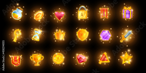 Magic game icon set, mobile casino app UI collection, golden reward trophy kit, glowing crown. Vector treasure assets, inventory objects, spark RPG shield, award crown level up prize. Online game icon