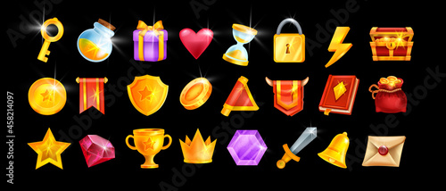 Game icon UI set, vector user casino interface badge kit, golden reward element, crown, award shield. RPG mobile app inventory object pack, red magic book, gift box, trophy cup, prize medal. Game icon