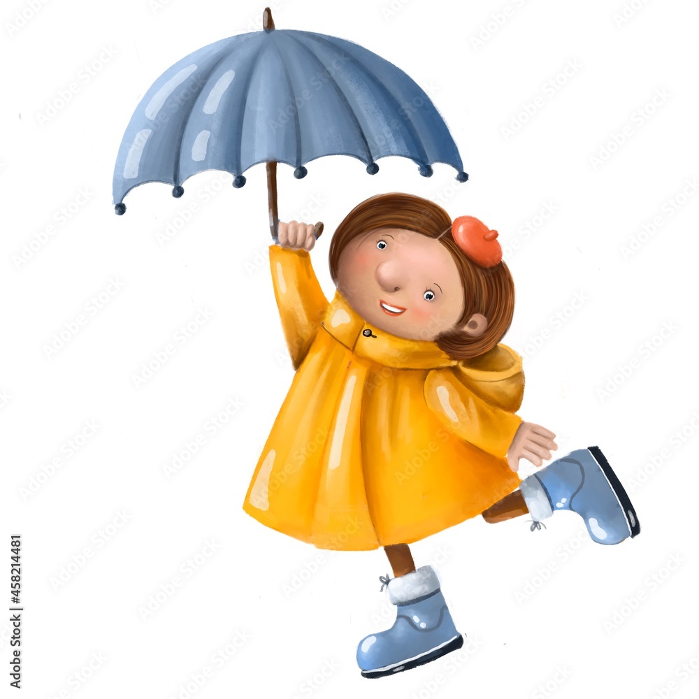 cute girl dancing under rain with umbrella, children's illustration, autumn clipart with cartoon