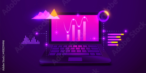 Business strategy and planning. Data analysis and investment. Business success. Computer with infographic elements. Design for presentation.