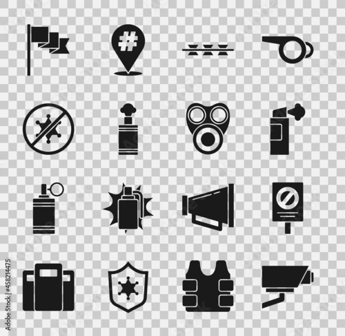Set Security camera, Protest, Pepper spray, Barbed wire, Hand grenade, Location marker and Gas mask icon. Vector