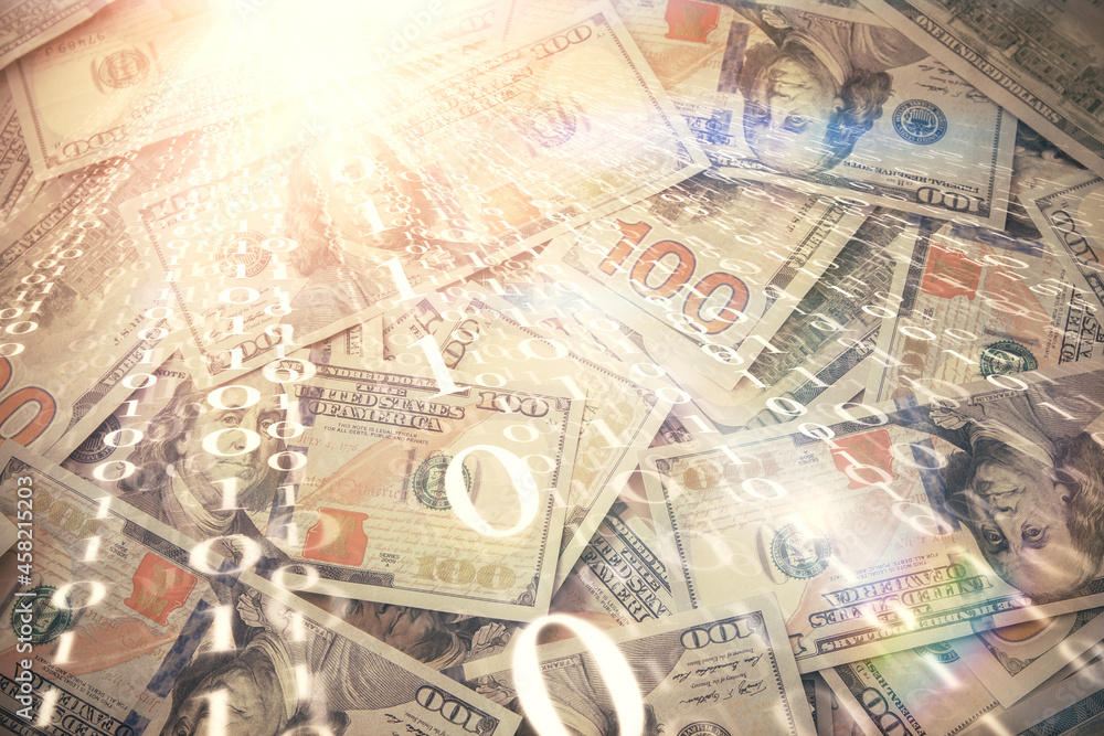 Double exposure of data theme drawing over us dollars bill background. Technology concept. Double exposure of data theme drawing over us dollars bill background. Technology concept.