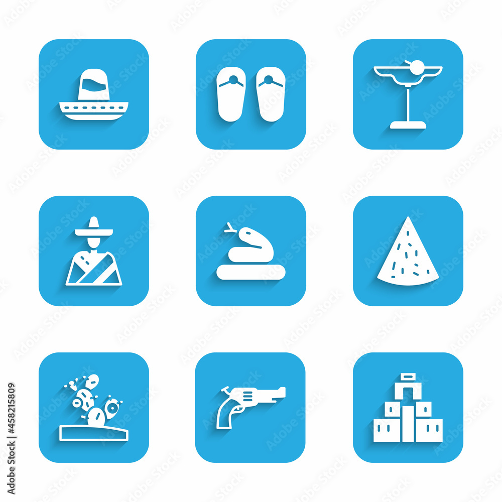 Set Snake, Revolver gun, Chichen Itza in Mayan, Nachos, Cactus, Mexican man sombrero, Margarita cocktail and icon. Vector Set Snake, Revolver gun, Chichen Itza in Mayan, Nachos, Cactus, Mexican man sombrero, Margarita cocktail and icon. Vector