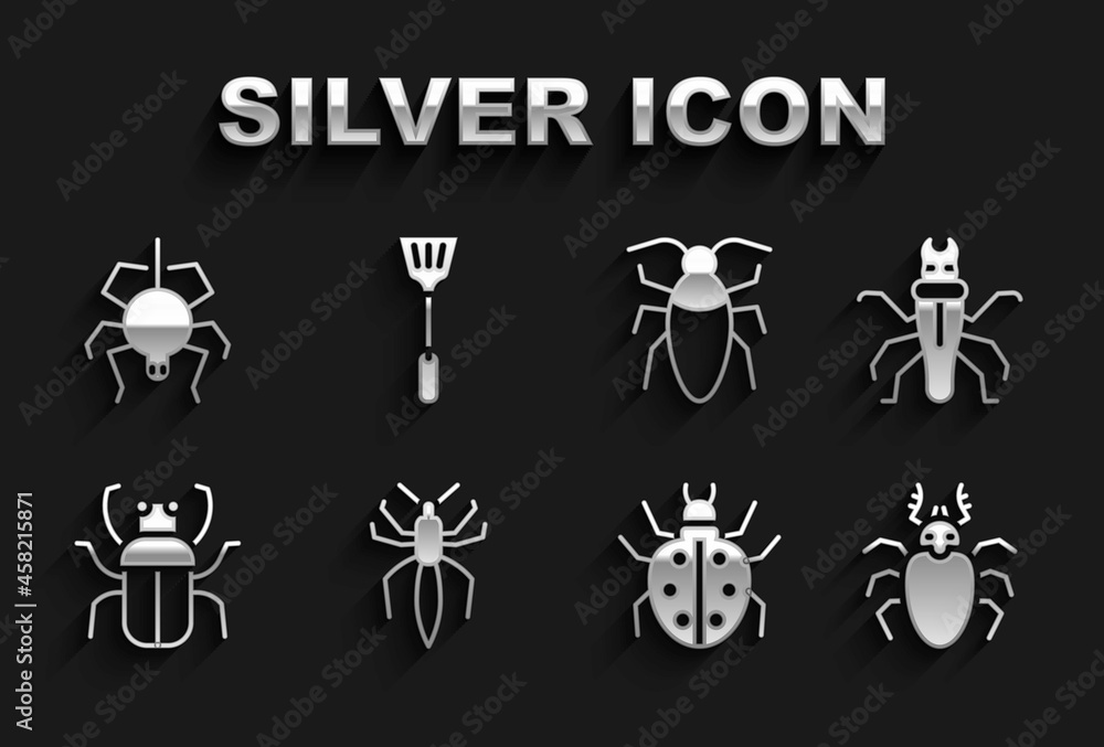 Set Spider, Termite, Beetle deer, Mite, Stink bug, Cockroach, and Fly swatter icon. Vector Set Spider, Termite, Beetle deer, Mite, Stink bug, Cockroach, and Fly swatter icon. Vector