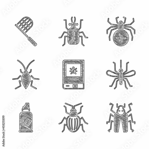 Set Book about insect, Chafer beetle, Beetle bug, Mosquito, Spray against insects, Cockroach, Spider and Butterfly net icon. Vector