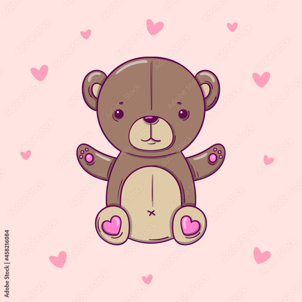 Hand drawn teddy bear on pink background with hearts