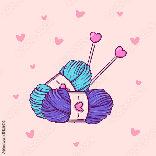Hand drawn two skeins of yarn and needles in doodle style on pink background with hearts