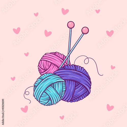 Hand drawn three balls of yarn and needles in doodle style on pink background with hearts