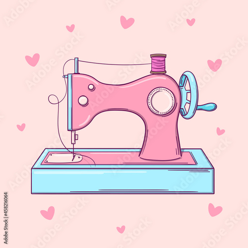 Hand drawn old pink sewing machine on pink background with hearts