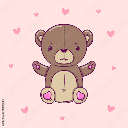 Hand drawn teddy bear on pink background with hearts © mrFox11
