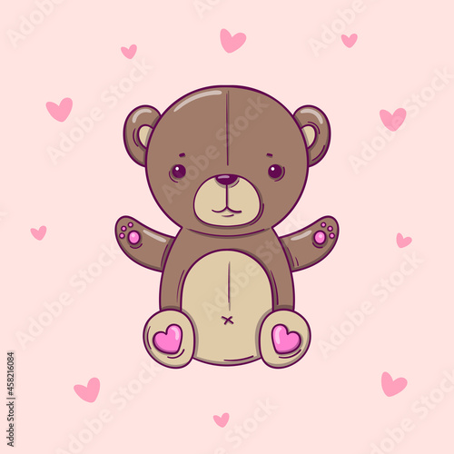 Hand drawn teddy bear on pink background with hearts