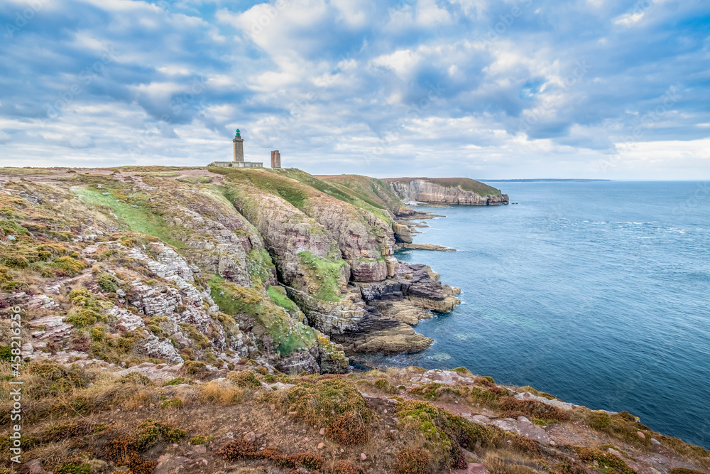 Lighthouse and coast of Pointe du Grouin at Brittany France - obrazy, fototapety, plakaty 