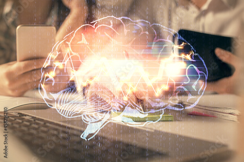 Double exposure of man and woman working together and brain drawing hologram. Intellectual brainstorming concept. Computer background.