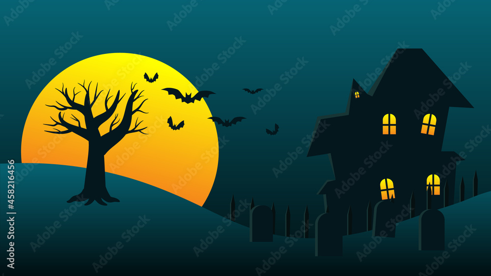 happy Halloween holiday party background. haunted house cartoon on hills with full moon in night sky and bats flying above the tree