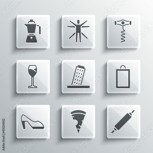 Set Slice of pizza, Rolling pin, Picture, Tower Pisa, Woman shoe, Wine glass, Coffee moca pot and corkscrew icon. Vector