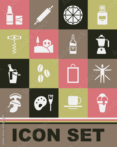 Set Ice cream, Vitruvian Man, Coffee moca pot, Pizza, Village landscape, Wine corkscrew, Lipstick and Bottle wine icon. Vector