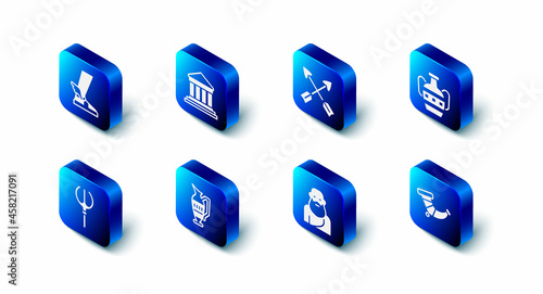 Set Parthenon, Crossed arrows, Ancient amphorae, Hunting horn, Socrates, Neptune Trident and Hermes sandal icon. Vector