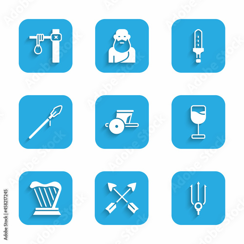 Set Ancient chariot, Crossed arrows, Neptune Trident, Wine glass, Harp, Medieval spear, sword and Gallows icon. Vector