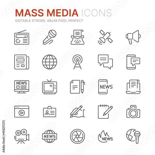Collection of mass media related outline icons. 48x48 Pixel Perfect. Editable stroke