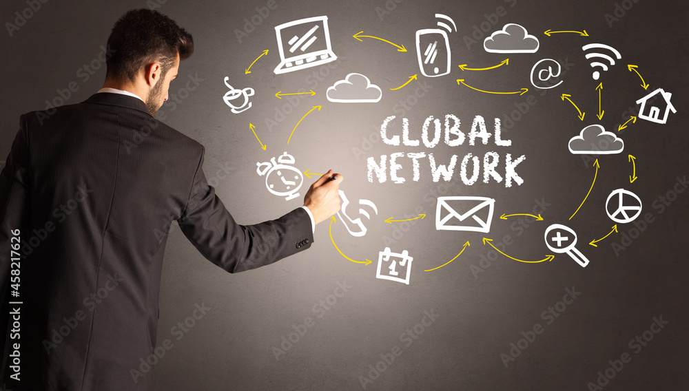 businessman drawing social media icons businessman drawing social media icons