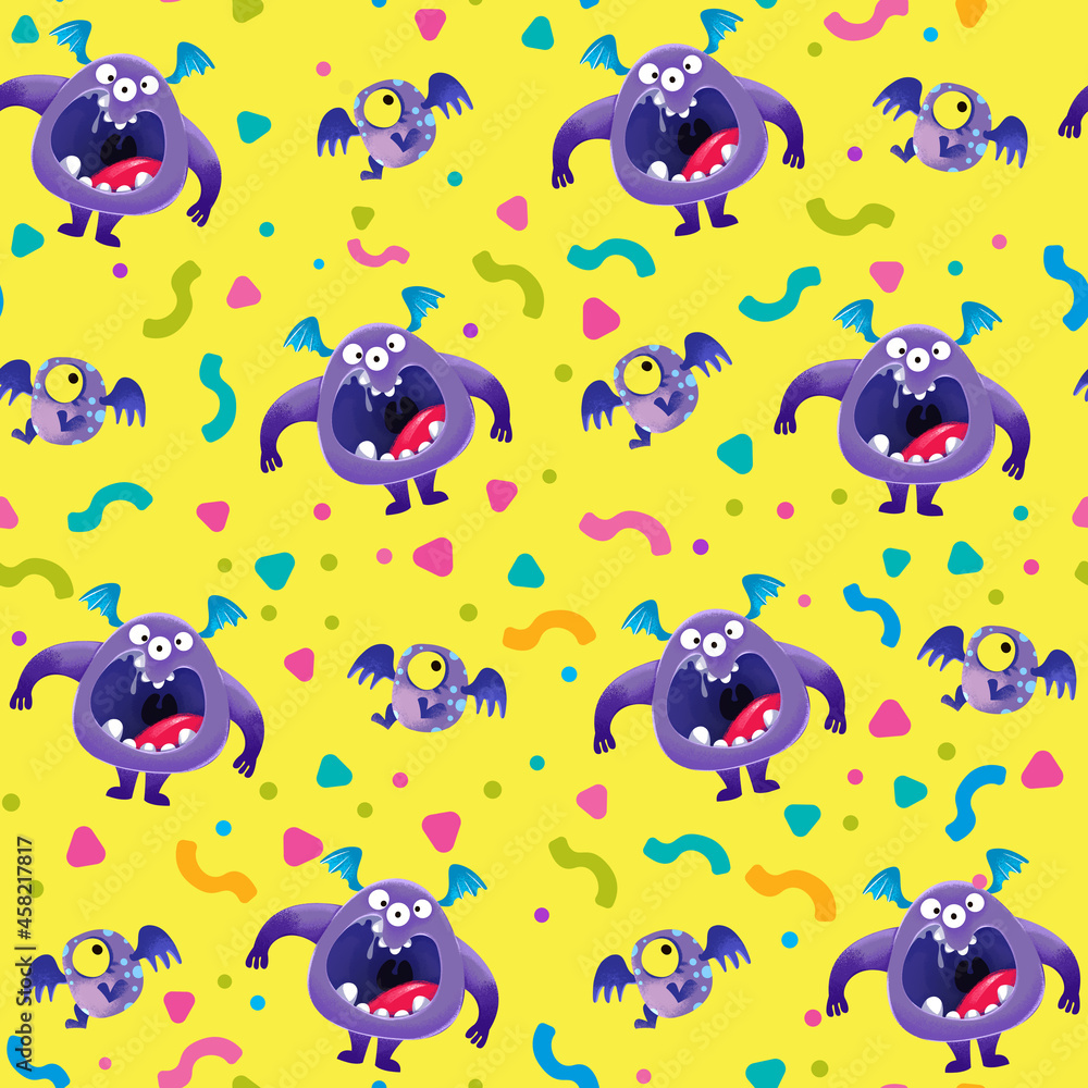 Naklejka premium Purple monsters and confetti, Seamless pattern on a yellow background. Cheerful childrens multicolored illustration in cartoon style, hand drawing