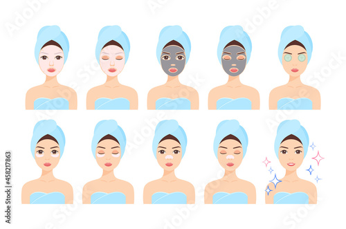 Woman in Towel Do a Beauty Procedure for Face. Spa day. Sheet and Clay Mask, Patches for Nose, Eyes. Female Character are Smiling, Sleeping with Cosmetic. Healthy Clean Skin. White background. Vector