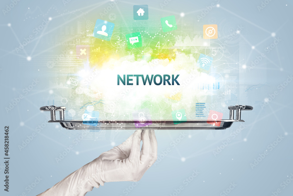 Waiter serving social networking concept Waiter serving social networking concept