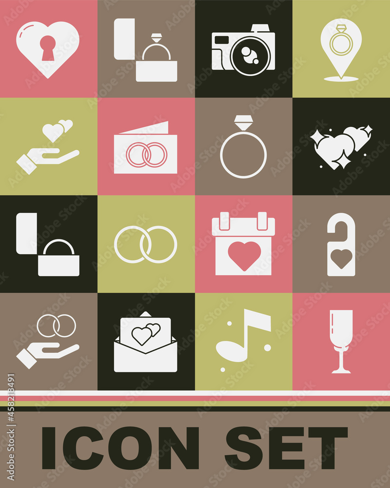 Set Glass of champagne, Please do not disturb, Two Linked Hearts, Photo camera, Greeting card, hand, with keyhole and Diamond engagement ring icon. Vector Set Glass of champagne, Please do not disturb, Two Linked Hearts, Photo camera, Greeting card, hand, with keyhole and Diamond engagement ring icon. Vector