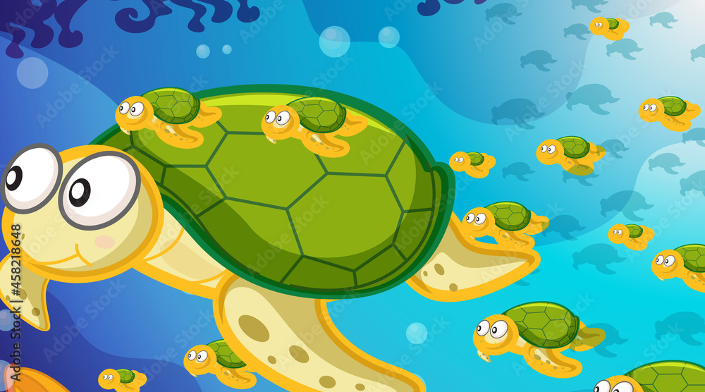 Fototapeta premium Underwater scene with many turtles swimming