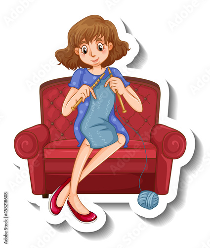 A sticker template with a woman knitting and sitting on sofa