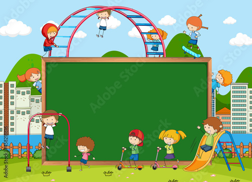 Playground scene with empty blackboard and many kids doodle cartoon character