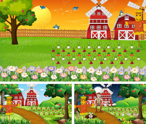 Different farm scenes with farm animals cartoon character