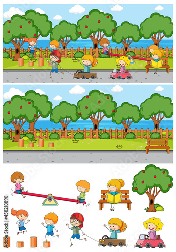 Park scene set with many kids doodle cartoon character isolated