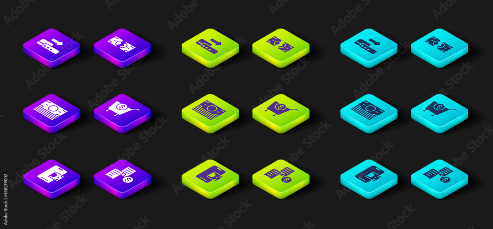 Set Mobile banking, Paper or financial check, Stacks paper money cash, Shopping cart and dollar, Tearing banknote and Pos terminal icon. Vector Set Mobile banking, Paper or financial check, Stacks paper money cash, Shopping cart and dollar, Tearing banknote and Pos terminal icon. Vector