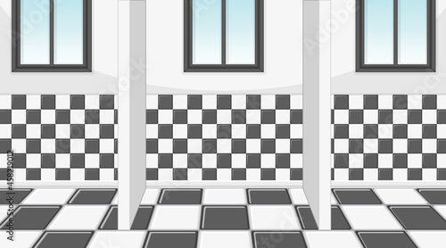 Empty room with cubicles in checkered pattern