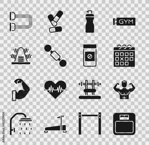 Set Bathroom scales, Bodybuilder muscle, Calendar fitness, Fitness shaker, Dumbbell, Metal rack with weights, Chest expander and Anabolic drugs icon. Vector