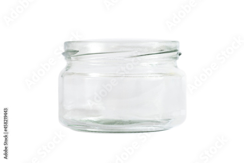 Empty transparent glass jar. Glass jar for spices. Isolated on white background.