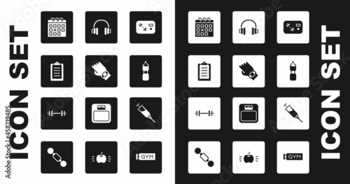Set Fitness club, gym card, Smart watch on hand, Sport training program, Calendar fitness, Bottle of water, Headphones, Doping syringe and Barbell icon. Vector