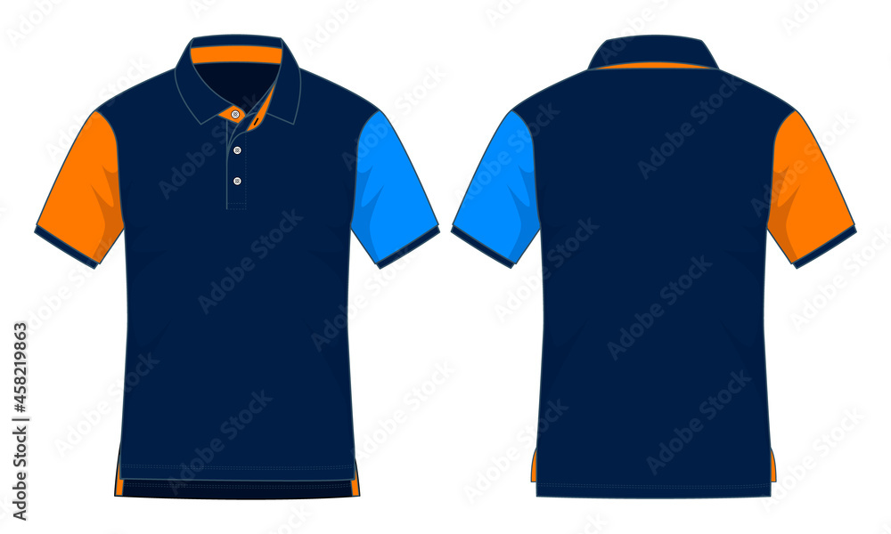 Sport navy blue-blue-orange short sleeve polo shirt design on white